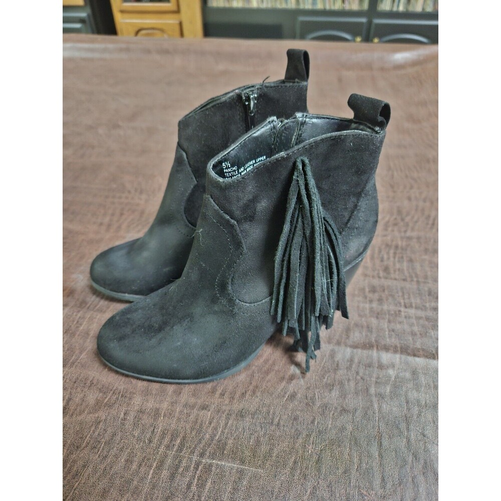 5 1/2 Steve Madden Girl All Black Suede Leather Fringed Ankle Booties 3" Heels